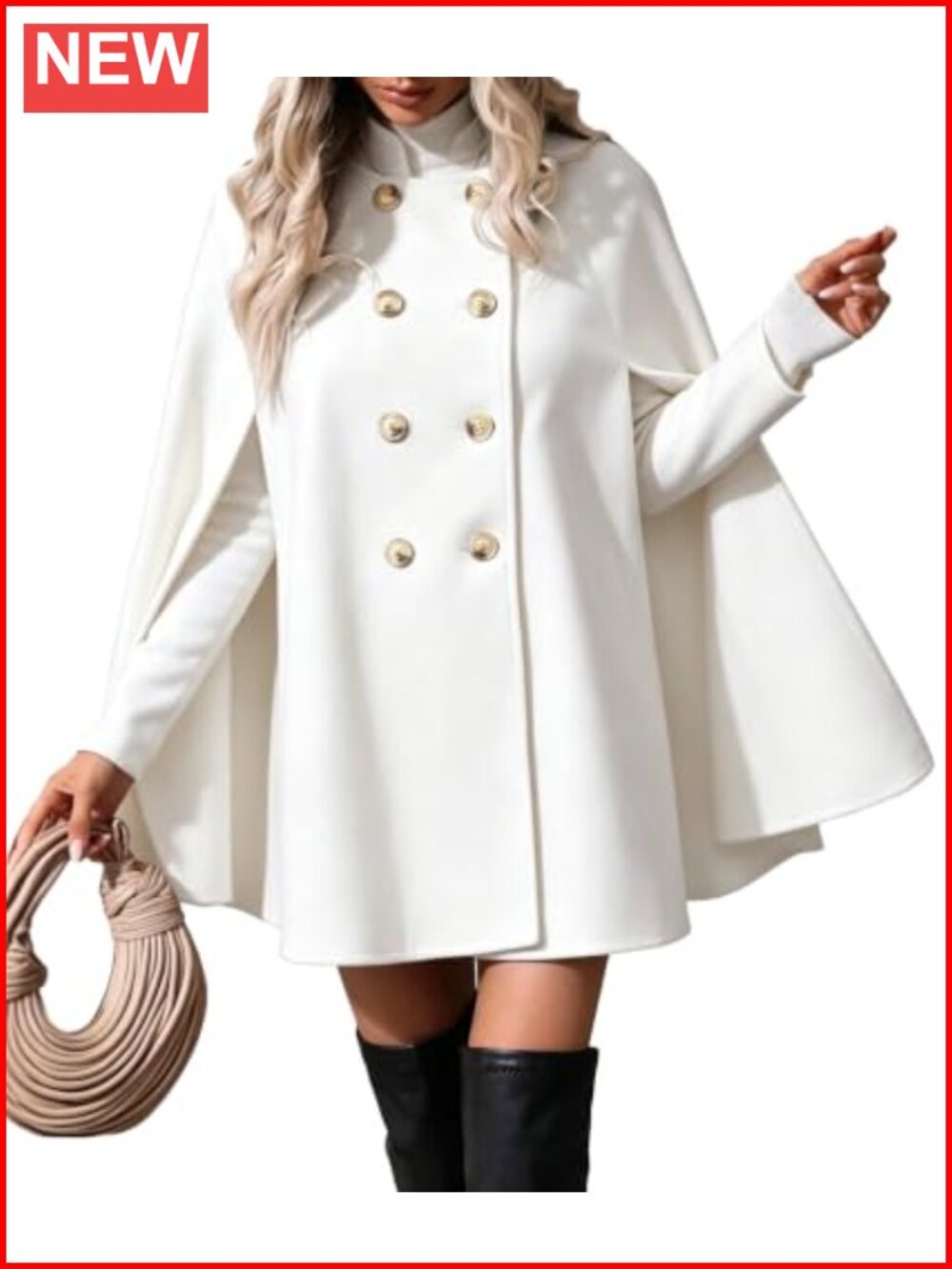 Wool Blend Cape Coat Double Breasted Notched Lapel Slit Sleeve Winter Cloak